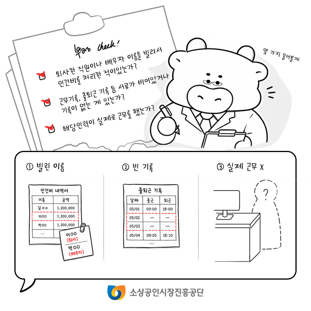 퇴사한 직원이나 배우자 이름을 빌려서 인건비를 처리한적이 있는가? 근무기록, 출퇴근 기록 등 서류가 비어있거나 기록이 없는게 있는가? 해당인력이 실제로 근무를 했는가?